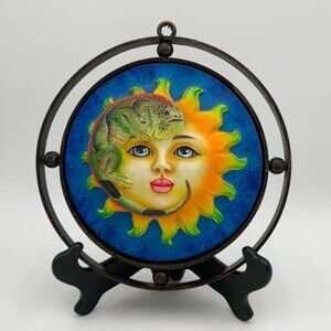 Round Blue-Eyed Sun Face With Iguana Hand Painted Wall Hanging Metal Surround